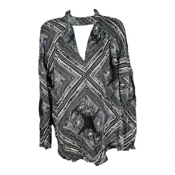 Free People Tunic Top Black XS Floral Boho Keyhole High Neck Walking On A Dream - Picture 2 of 5